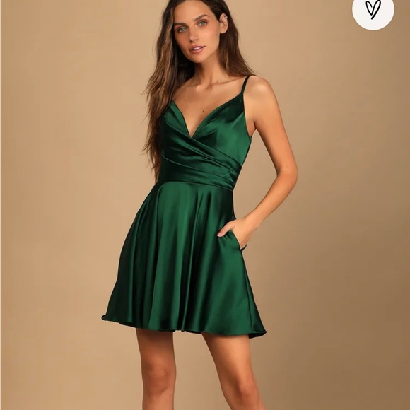 Lulus Dresses & Skirts - Remarkable Romance Emerald Green Satin Skater Dress with Pockets
Lulus